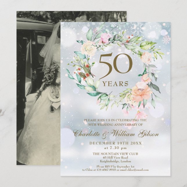 50th Wedding Anniversary Photo Winter Floral  Invitation (Front/Back)
