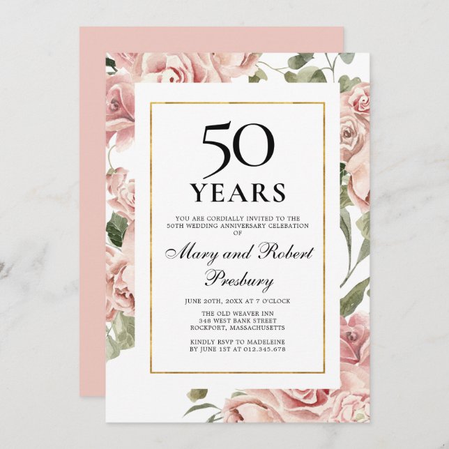 50th Wedding Anniversary Pink Rose Floral Invitation (Front/Back)
