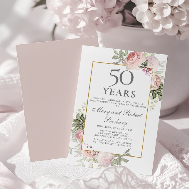 50th Wedding Anniversary Pink Rose Floral Invitation (Creator Uploaded)