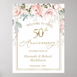 50th Wedding Anniversary Pink Roses Foliage Poster