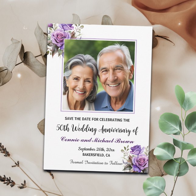 50th Wedding Anniversary Purple Roses Photo Save The Date (Creator Uploaded)