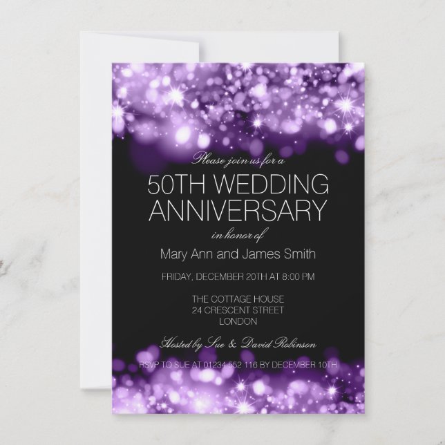 50th Wedding Anniversary Purple Sparkling Lights Invitation (Front)