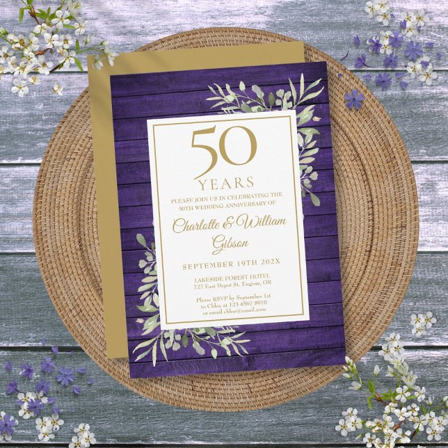 50th Wedding Anniversary Purple Wood Greenery  Invitation (50th Wedding Anniversary Purple Wood Greenery Invitation)