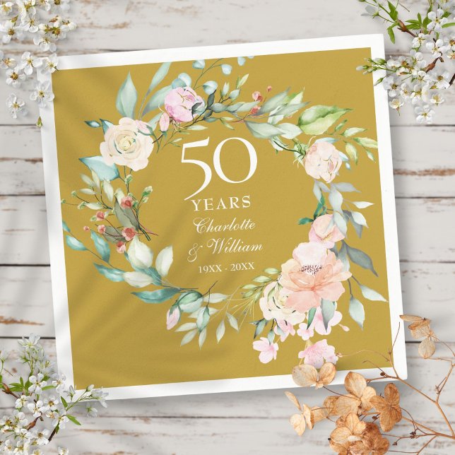 50th Wedding Anniversary Roses Floral Golden  Napkin (50th Wedding Anniversary Roses Floral Golden Napkins)