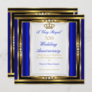 50th Wedding Anniversary Royal Blue Gold Crown 2 Invitation