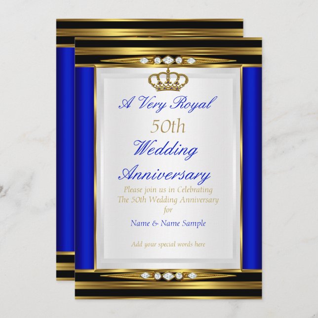 50th Wedding Anniversary Royal Blue Gold Crown 2 Invitation (Front/Back)