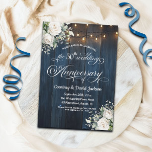 50th Wedding Anniversary Rustic Blue String Lights Invitation