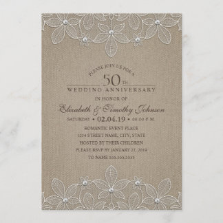50th Wedding Anniversary Rustic Burlap and Lace Invitation