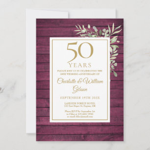 50th Wedding Anniversary Rustic Red Wood Greenery  Invitation