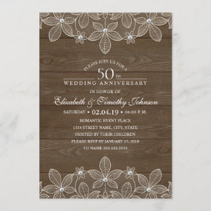 50th Wedding Anniversary Rustic Wood Country Lace Invitation
