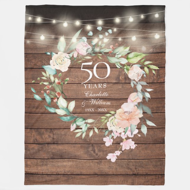 50th Wedding Anniversary Rustic Wood Floral Fleece Blanket (Front)