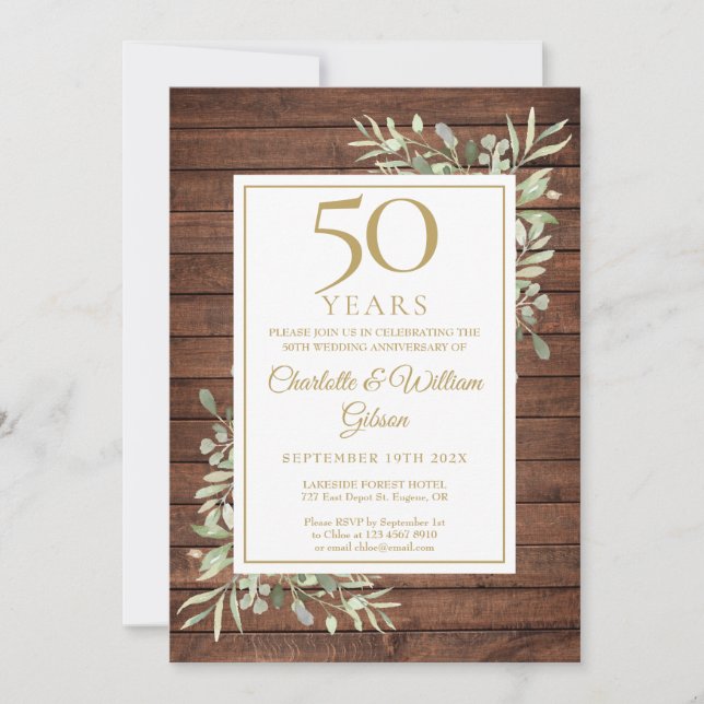 50th Wedding Anniversary Rustic Wood Greenery  Invitation (Front)