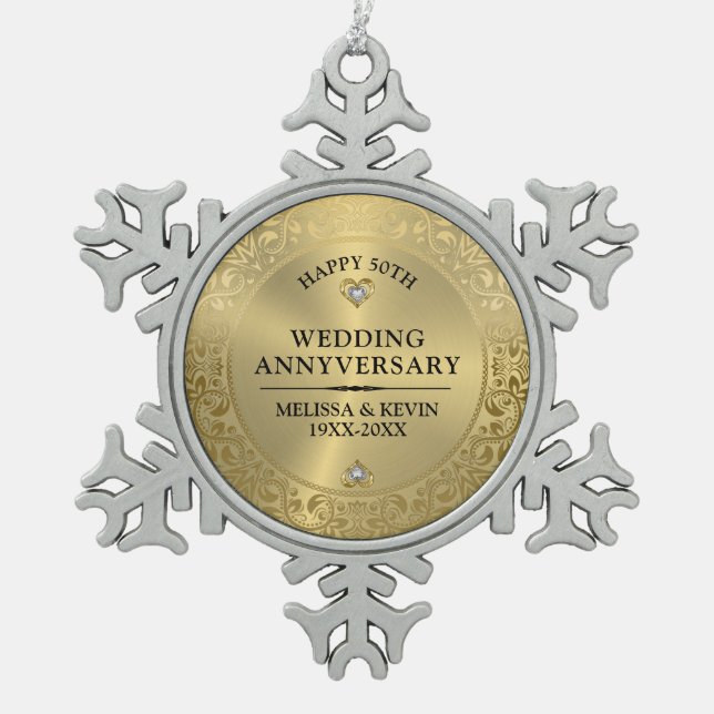 50th Wedding Anniversary Shiny Floral gold Frame Snowflake Pewter Christmas Ornament (Front)