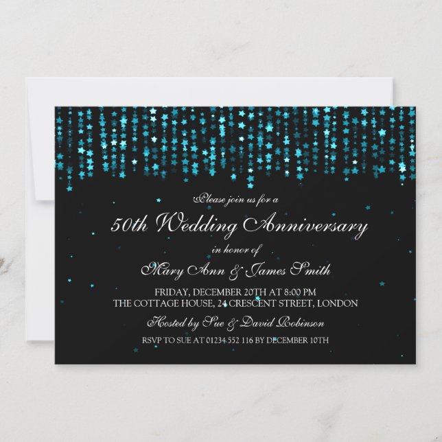 50th Wedding Anniversary Star Confetti Turquoise Invitation (Front)