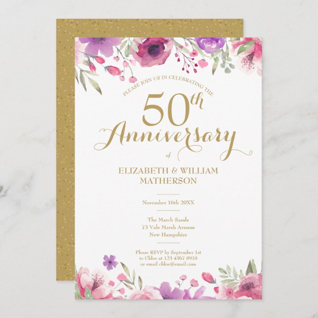 50th Wedding Anniversary Watercolor Floral Invitation (Front/Back)