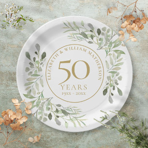 50th Wedding Anniversary Watercolor Greenery Paper Plate