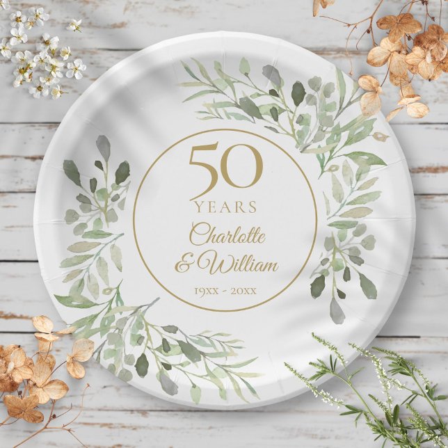 50th Wedding Anniversary Watercolor Greenery  Paper Plate (50th Wedding Anniversary Watercolor Greenery Paper Plates)