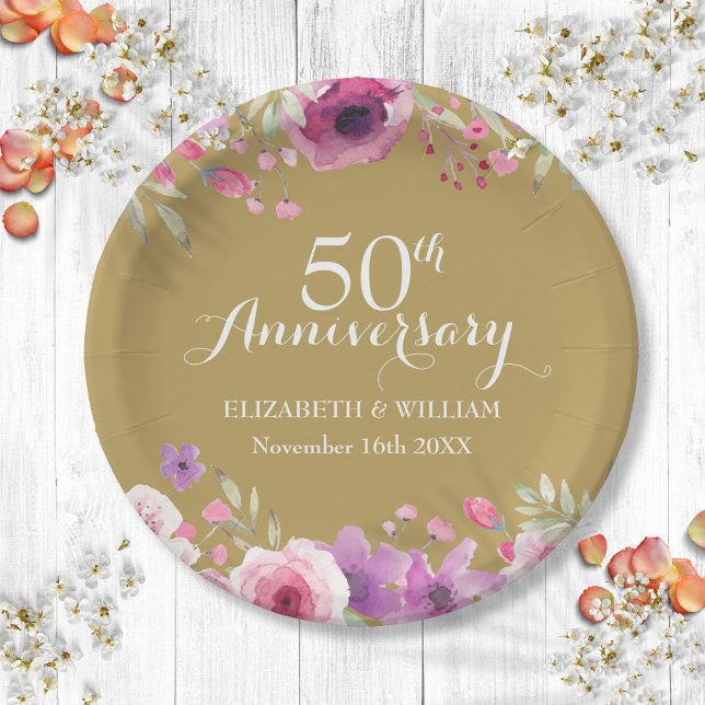 50th Wedding Anniversary Watercolor Roses Paper Plate (50th Wedding Anniversary Watercolor Roses Paper Plates)