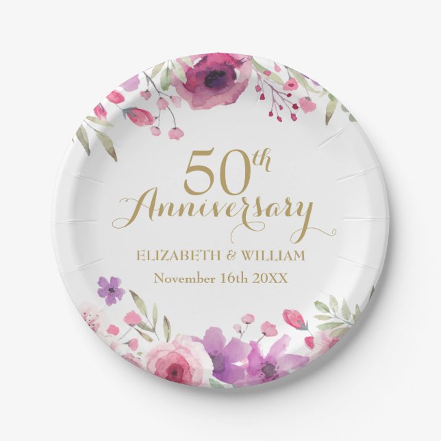 50th Wedding Anniversary Watercolour Roses Paper Plate (Front)