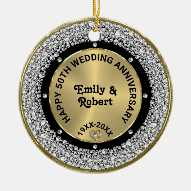 50th wedding Anniversary white diamonds & gold Ceramic Ornament (Front)