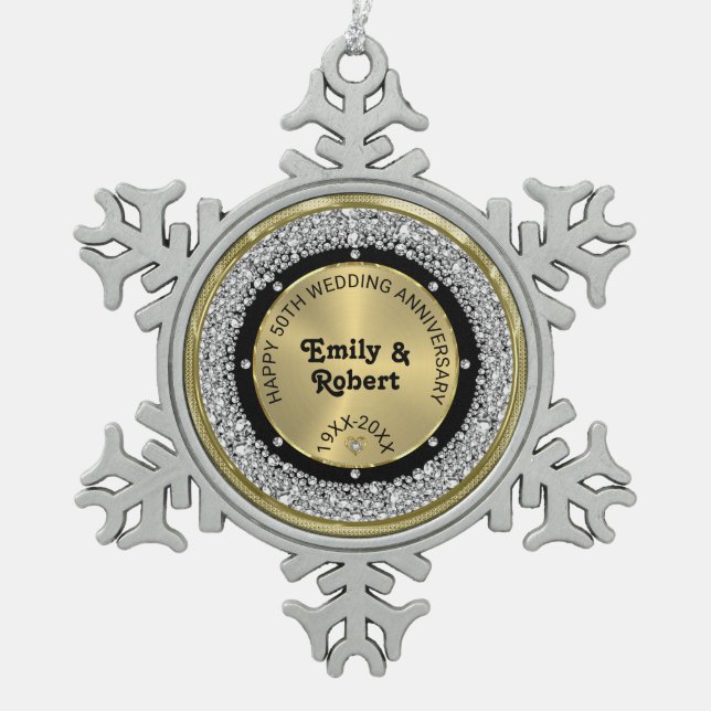 50th wedding Anniversary white diamonds & gold Snowflake Pewter Christmas Ornament (Front)