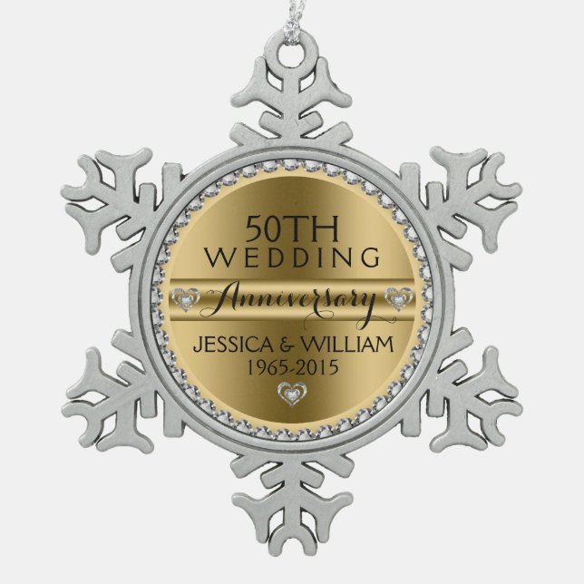 50th Wedding Anniversary White Diamonds & Silver Snowflake Pewter Christmas Ornament (Front)