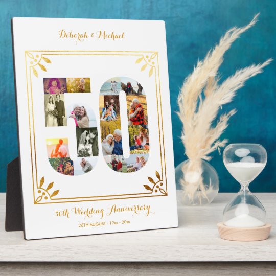50th Wedding Anniversary White Gold Photo Collage Plaque