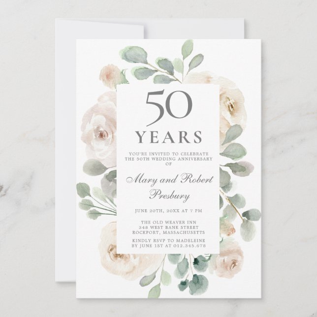 50th Wedding Anniversary White Rose Floral Invitation (Front)