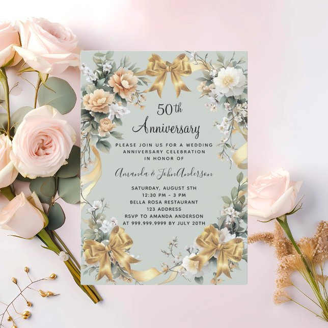 50th wedding anniversary yellow florals gold bows invitation (Creator Uploaded)
