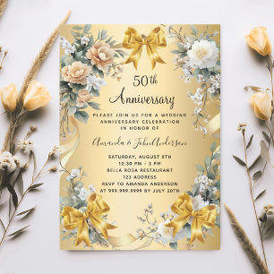 50th wedding anniversary yellow florals gold bows invitation