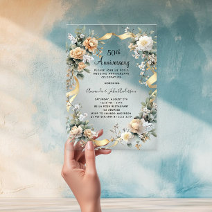 50th wedding anniversary yellow florals gold clear acrylic invitations