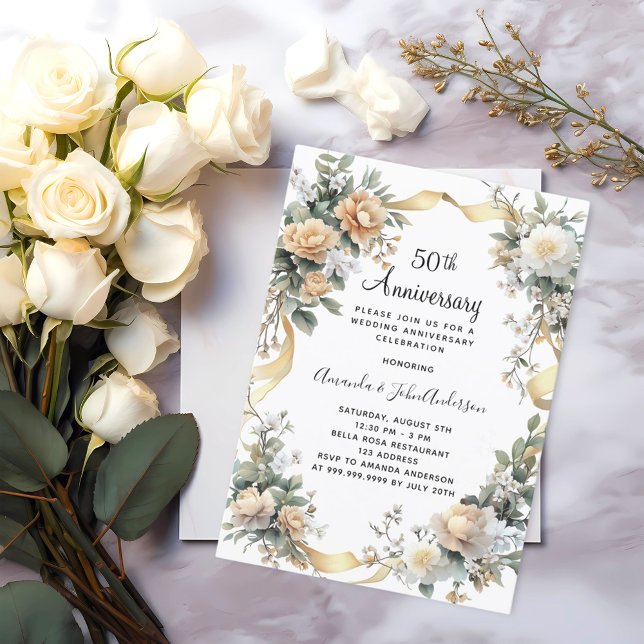 50th wedding anniversary yellow florals gold invitation (Creator Uploaded)