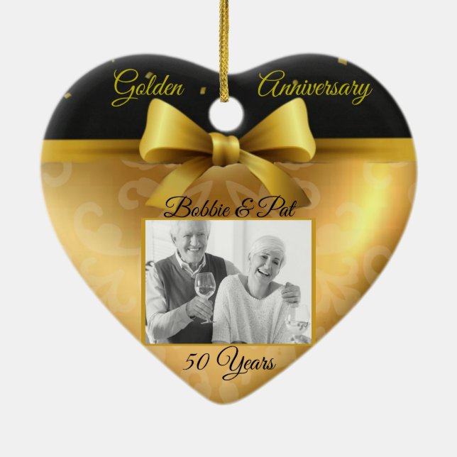 50th Wedding Gold Anniversary Heart Photo Ornament (Back)