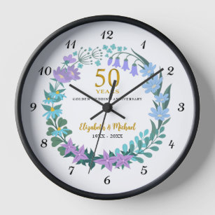 50th Wedding Golden Anniversary Bluebells Wreath Clock