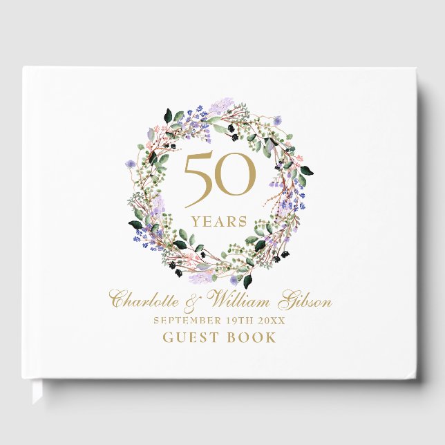 50th Wedding Golden Anniversary Floral Garland Guest Book (Front)