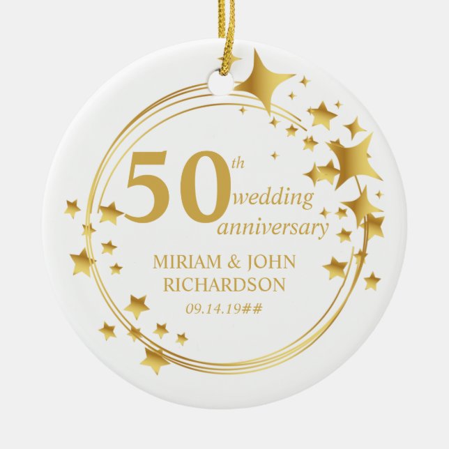 50th Wedding Photo Gold Star Wreath Personalised Ceramic Ornament (Front)