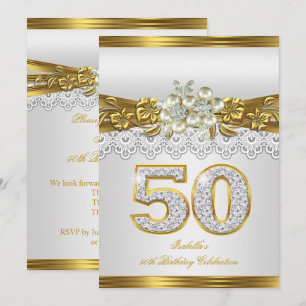 50th White Pearl Gold Lace Floral Birthday Party Invitation