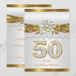 50th White Pearl Gold Lace Floral Birthday Party Invitation