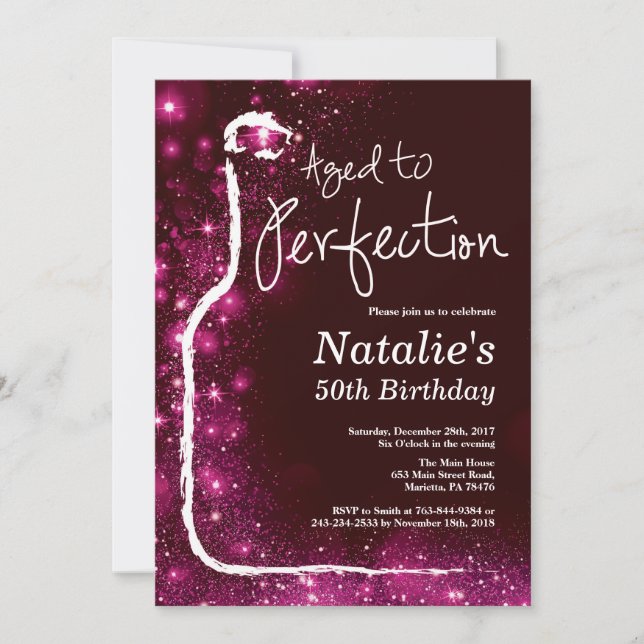 50th Wine Birthday Aged to Perfection Pink Glitter Invitation (Front)