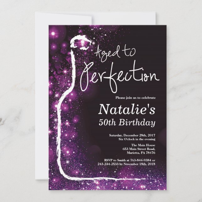 50th Wine Birthday Aged to Perfection Purple Invitation (Front)