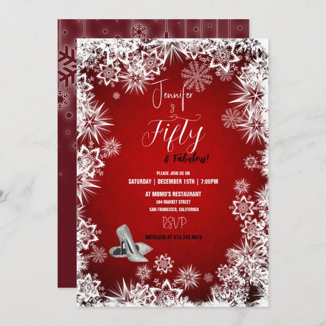 50th Winter Birthday Party Red Snowflakes  Invitation (Front/Back)