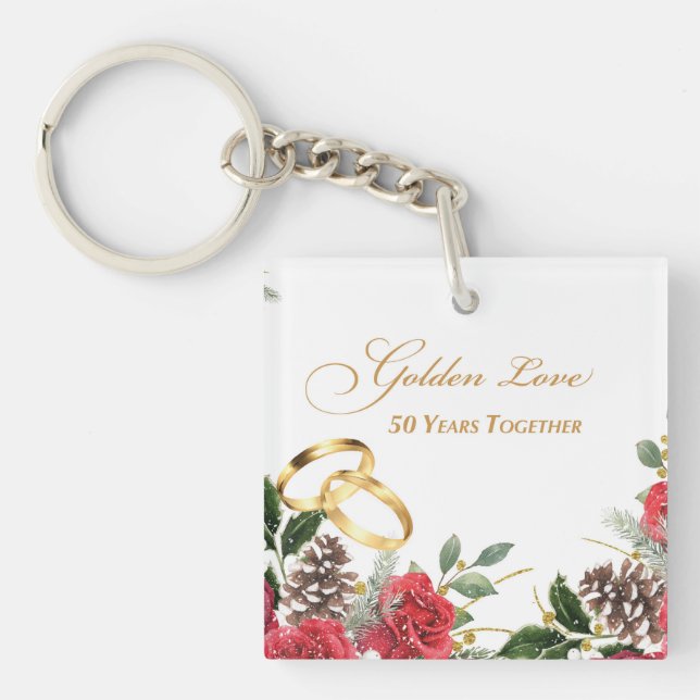 50th Winter Wedding Anniversary Red Roses & Rings Key Ring (Front)
