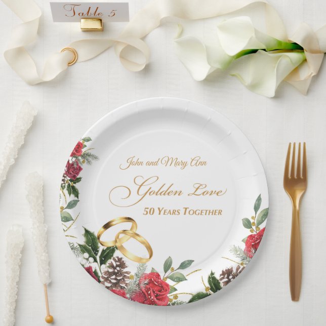 50th Winter Wedding Anniversary Red Roses & Rings Paper Plate (Wedding)