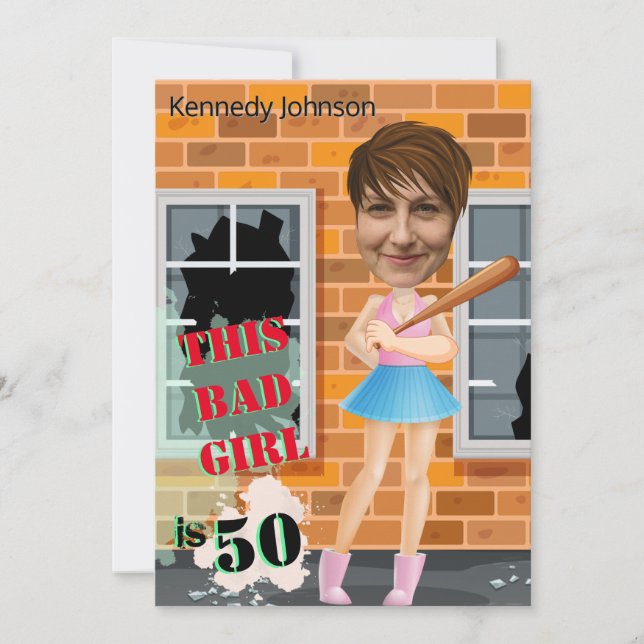 50th Women's Birthday Bad Girl Funny Face Cut-out Invitation (Front)