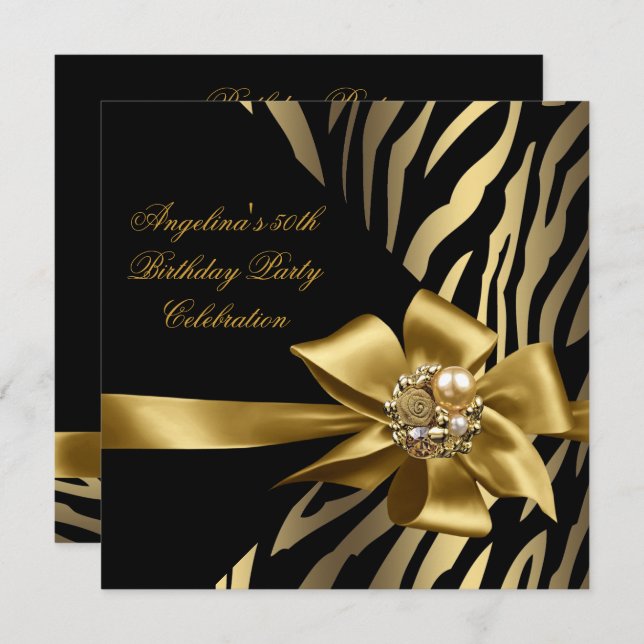 50th Zebra Old Gold Cream Black Birthday Party Invitation (Front/Back)