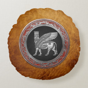 [510] Assyrian Winged Bull - Silver Lamassu Round Cushion