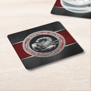[510] Sacred Silver Scorpion on Black Square Paper Coaster