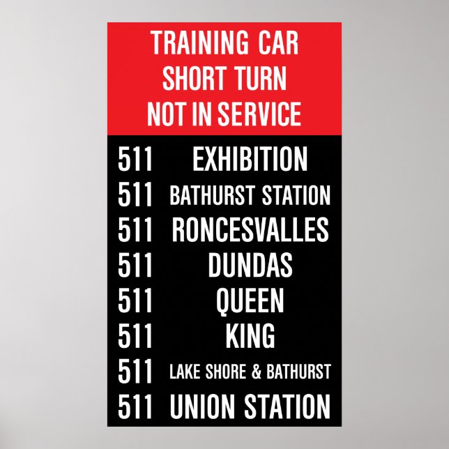 511 BATHURST Replica TTC Streetcar Rollsign Poster (Front)