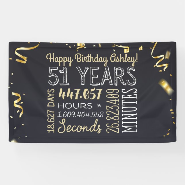 51 Years - Elegant Black & Gold - 51st Birthday Banner (Horizontal)