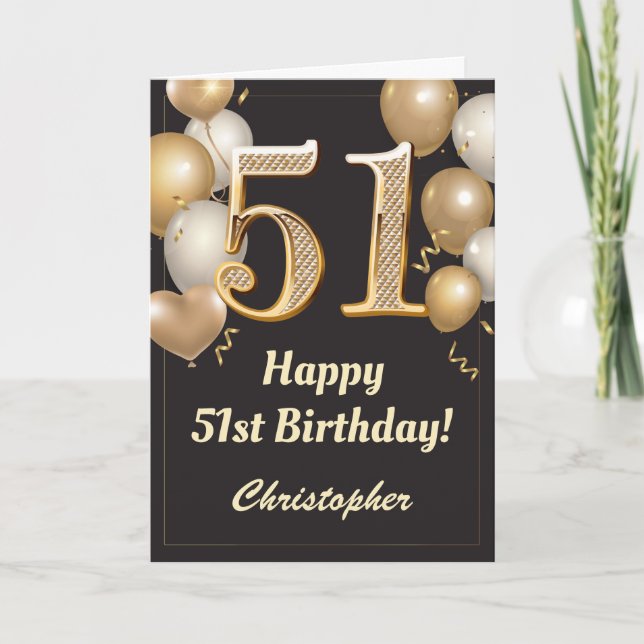 51st Birthday Black and Gold Balloons Confetti Card (Front)